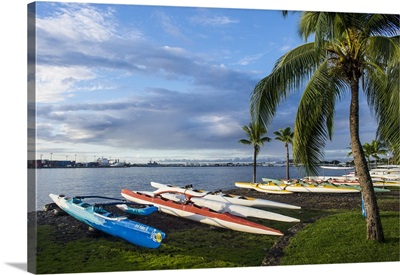 Many kayaks on the beach of Papeete, Tahiti, Society Islands, French Polynesia