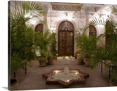 Marble fountain and palm trees at the Villa des Orangiers, Morocco, Africa