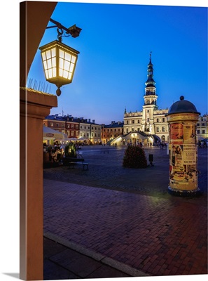 Market Square and City Hall at twilight, Old Town, Zamosc, Lublin Voivodeship, Poland