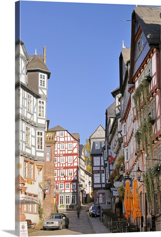 Medieval buildings on Mainzer street viewed, Marburg, Hesse, Germany