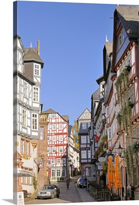Medieval buildings on Mainzer street viewed, Marburg, Hesse, Germany