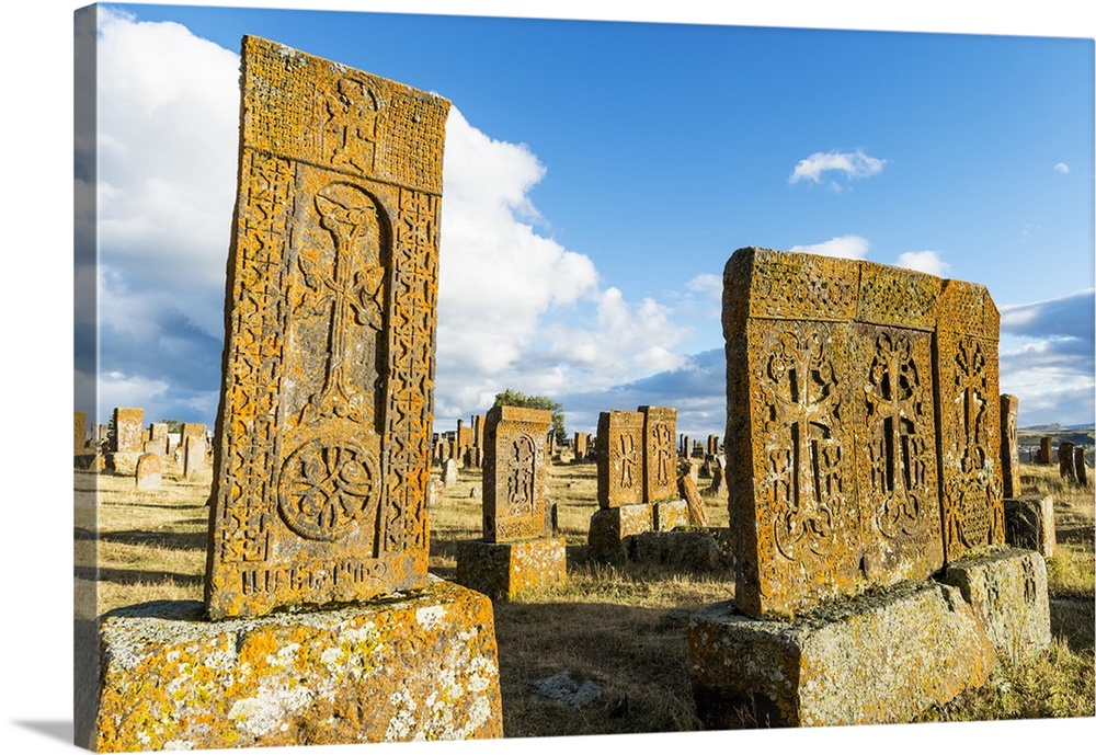 Medieval Khachkars carved memorial stele, Noratus cemetery, Sevan Lake, Gegharkunik province, Armenia, Caucasus, Asia