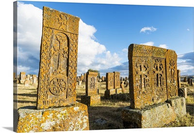 Medieval Khachkars carved memorial stele, Noratus cemetery, Caucasus