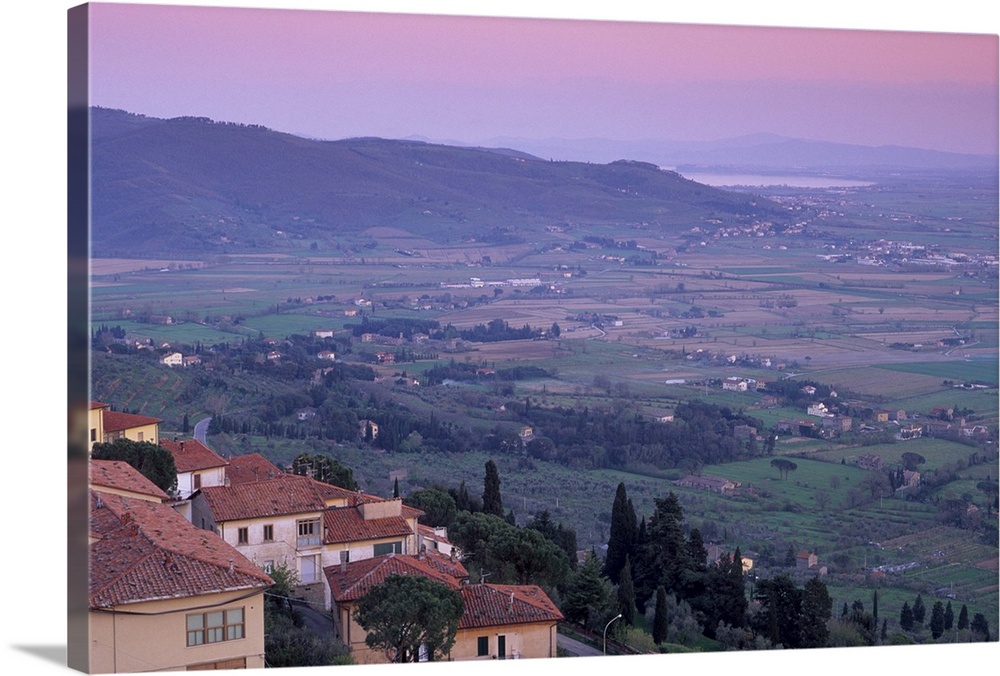 Medieval town of Cortona towards Lago Trasimeno, Cortona, Tuscany, Italy