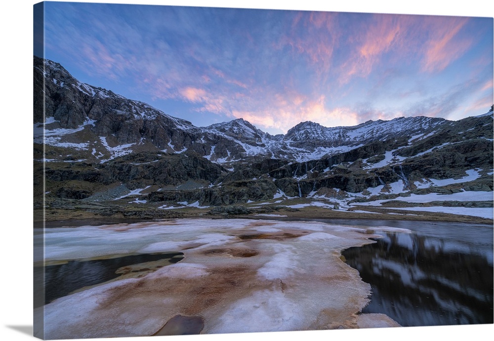Melting ice during thaw at dawn, Alpe Fora, Valmalenco, Sondrio province, Valtellina, Lombardy, Italy, Europe