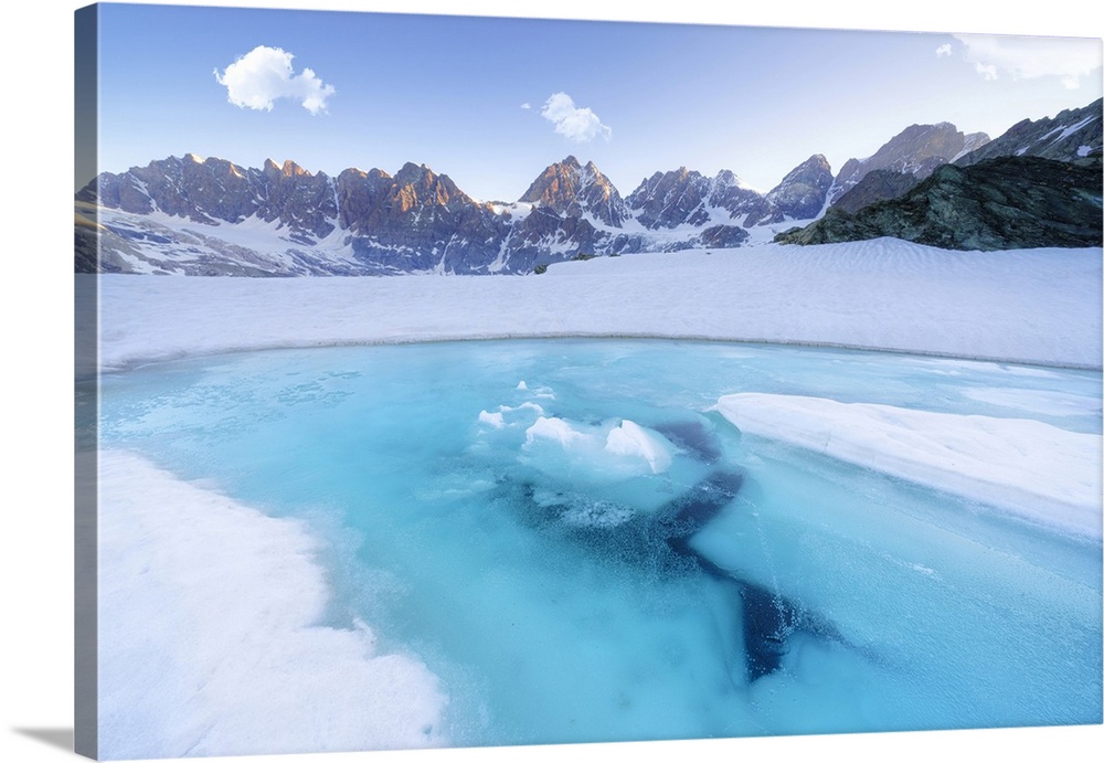 Melting ice on surface of Forbici Lake during spring thaw, Valmalenco, Valtellina, Sondrio province, Lombardy, Italy, Europe