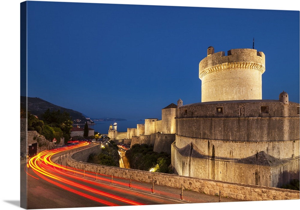 Minceta tower and city walls with traffic light trails, Dubrovnik Old Town, Dubrovnik, Dalmatian Coast, Croatia