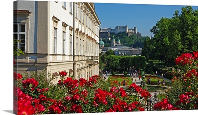 Mirabell Gardens against Fortress Hohensalzburg, Salzburg, Austria