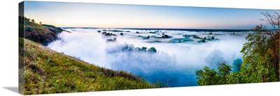 Misty dawn over hills and river, Ukraine