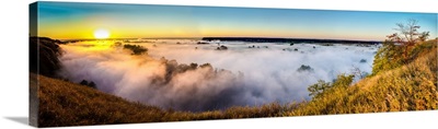 Misty dawn over hills and river, Ukraine