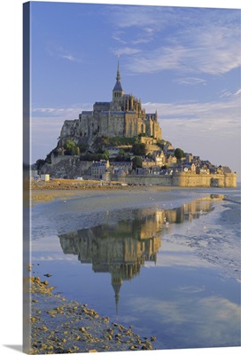 Mont St. Michel (Mont Saint-Michel) reflected in water, Manche, Normandy, France