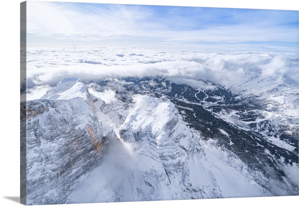 Monte Pelmo surrounded by a sea of clouds in winter, aerial view, Dolomites, Belluno province, Veneto, Italy, Europe