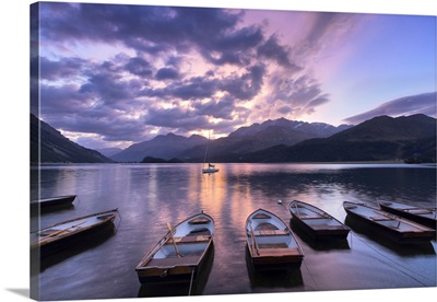 Moored Boats In Lake Of Sils At Sunrise, Maloja Pass, Engadine Valley, Switzerland