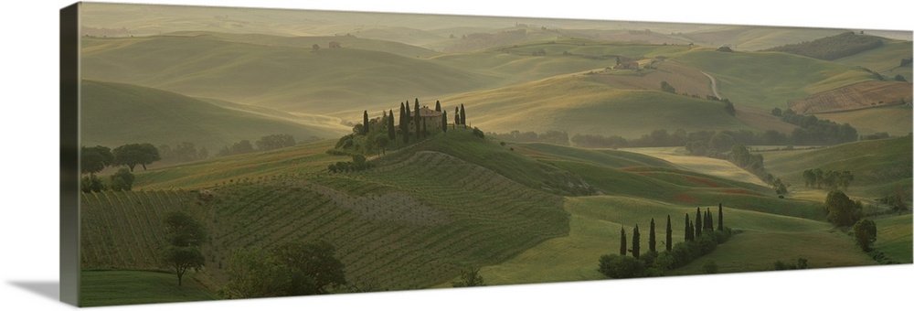 Morning view across Val d'Orcia to The Belvedere, Tuscany, Italy