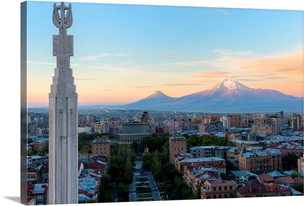 Mount Ararat and Yerevan viewed from Cascade at sunrise, Yerevan, Armenia, Central Asia, Asia