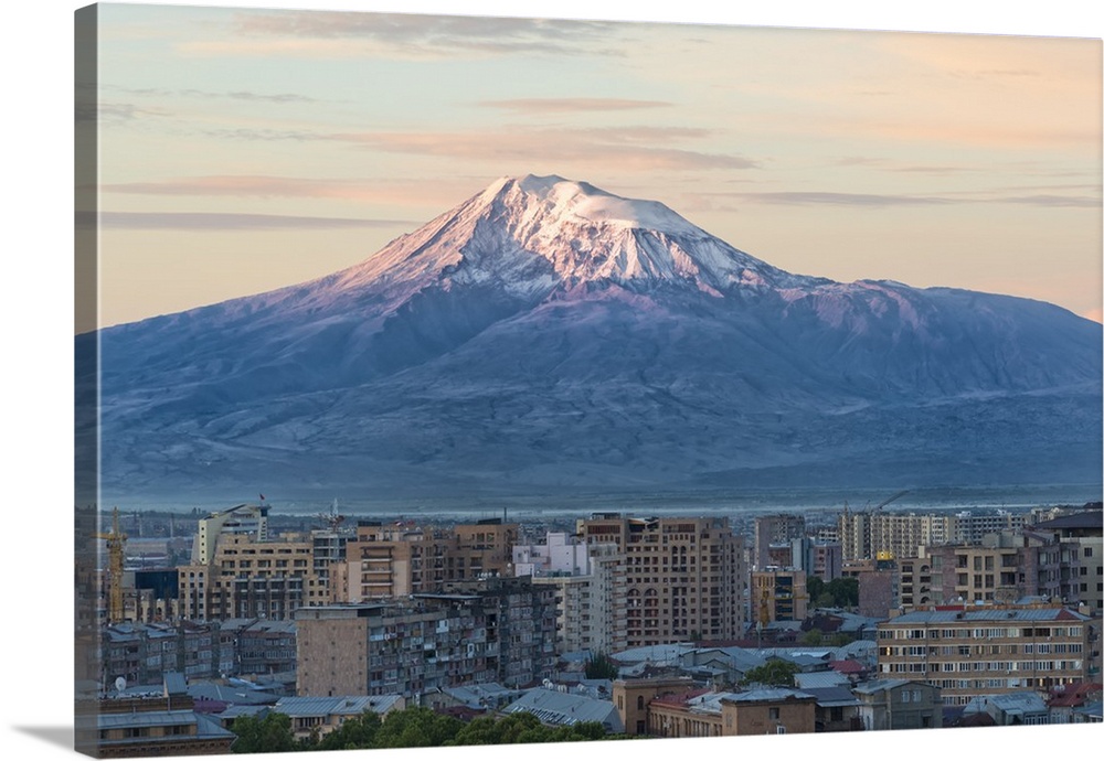 Mount Ararat and Yerevan viewed from Cascade at sunrise, Yerevan, Armenia, Cemtral Asia, Asia