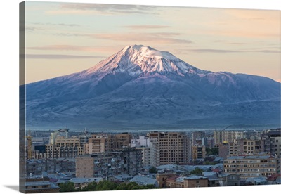 Mount Ararat and Yerevan viewed from Cascade at sunrise, Yerevan, Armenia, Cemtral Asia