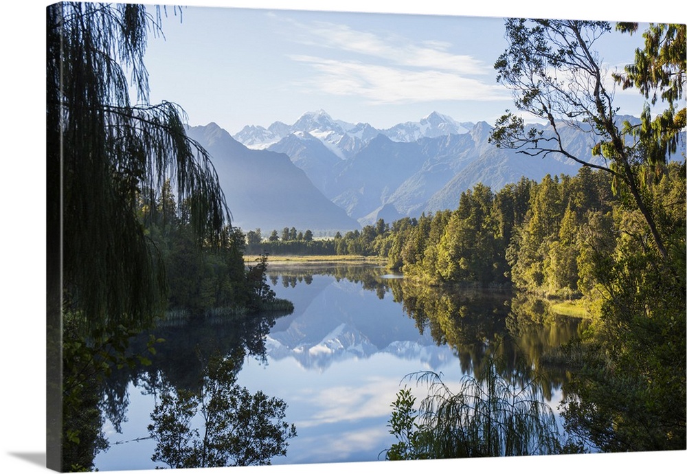 Mount Cook and Mount Tasman reflected in Lake Matheson at sunset near Fox Glacier New Zealand Poster Print by Colin Monteath 24 x 48