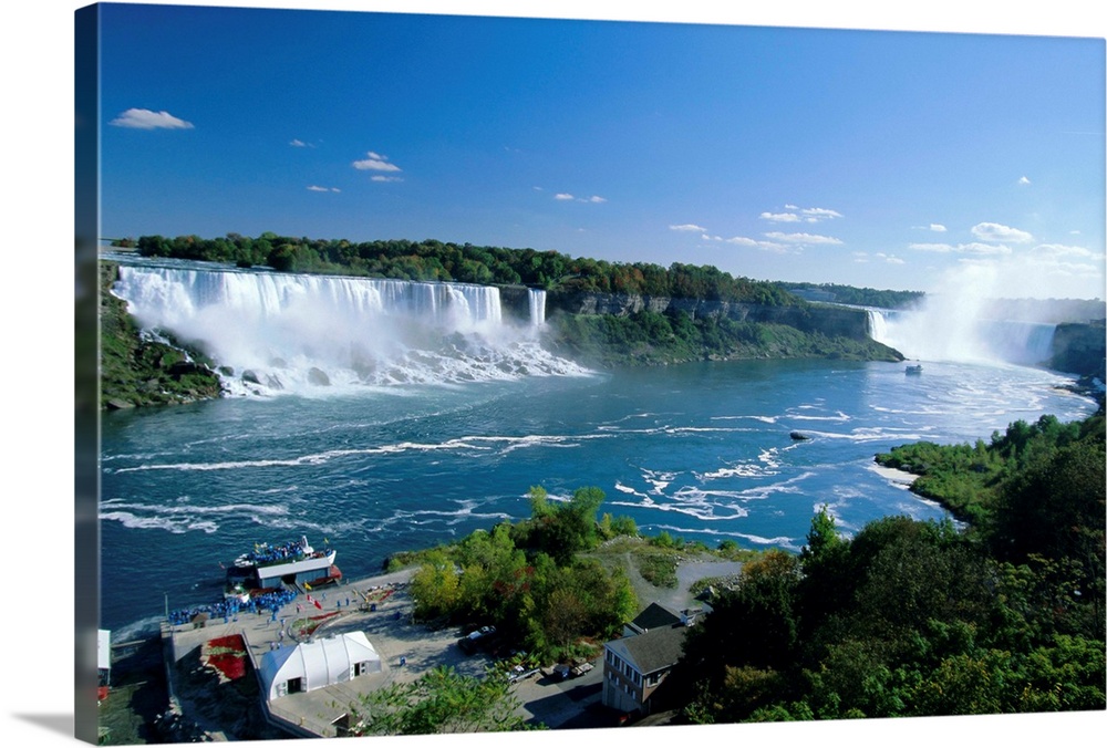 Niagara Falls on the Niagara River that connects Lakes Ontario and Erie, American Falls on the left, and Horseshoe Falls o...