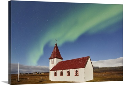 Night Sky And Northern Lights Over The Church In The Village Of Hellnar, Iceland