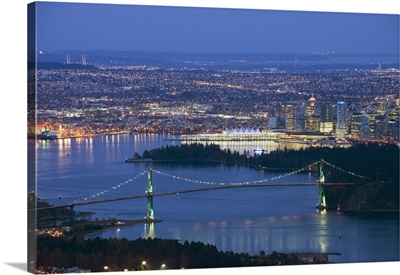 Night view of city skyline and Lions Gate Bridge, Vancouver, Canada