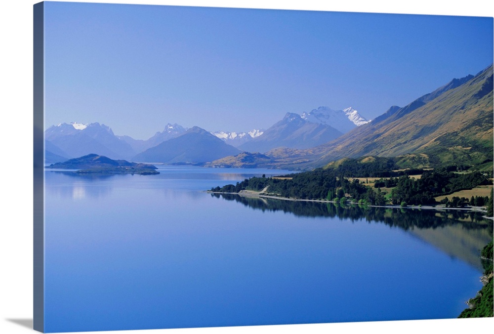 Looking towards the northern tip of Lake Wakatipu at Glenorchy and Mt. Earnslaw, 2819m, beyond, western Otago, South Islan...