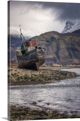 Old Boat Wreck At Caol With Ben Nevis In The Background, Scottish Highlands, Scotland