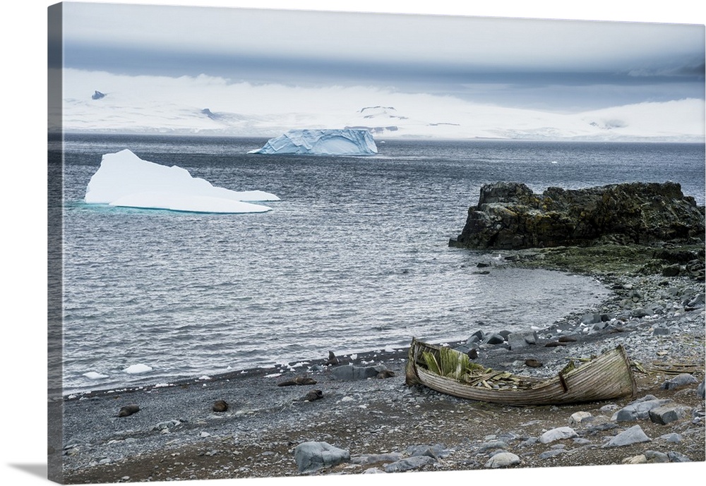 Old cargo boat on the shores of Half Moon Island, South Shetland Islands, Antarctica, Polar Regions
