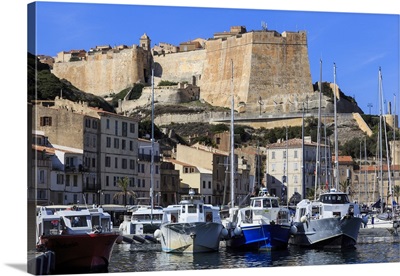Old citadel view with yachts in the marina, Bonifacio, Corsica, France