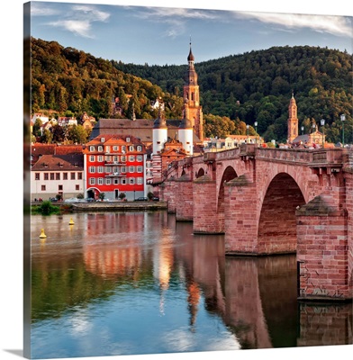 Old town with Karl-Theodor-Bridge Gate and Heilig Geist Church, Neckar River, Germany