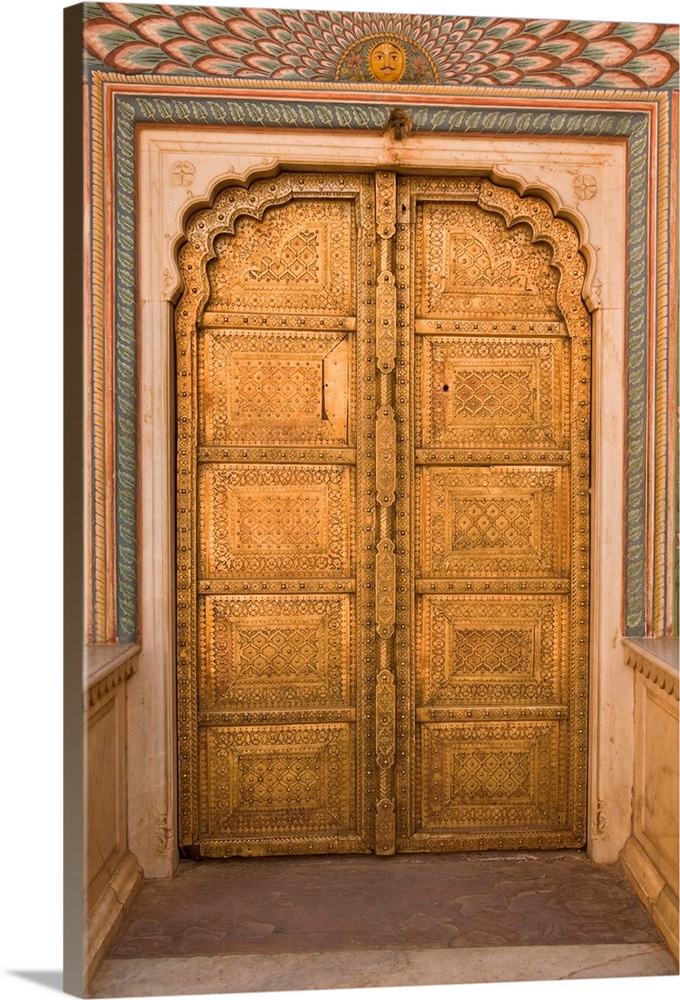 Close up of the ornate door at the peacock gate in the City Palace, Jaipur, Rajasthan, India, Asia