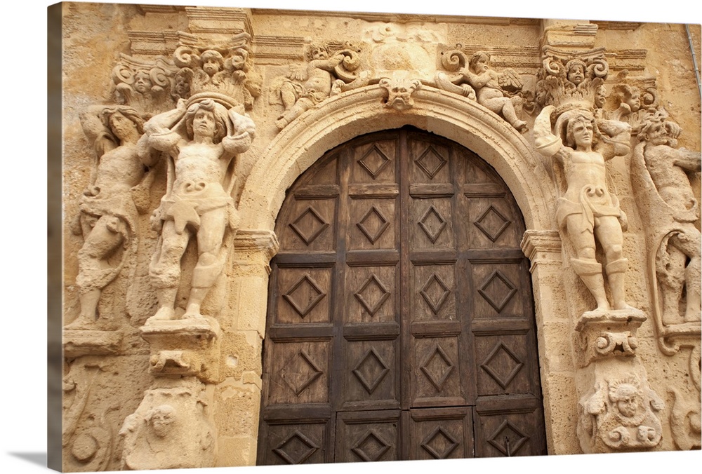 Ornate doorway in the Santa Veneranda square, Mazzara del Vallo, Sicily, Italy, Europe