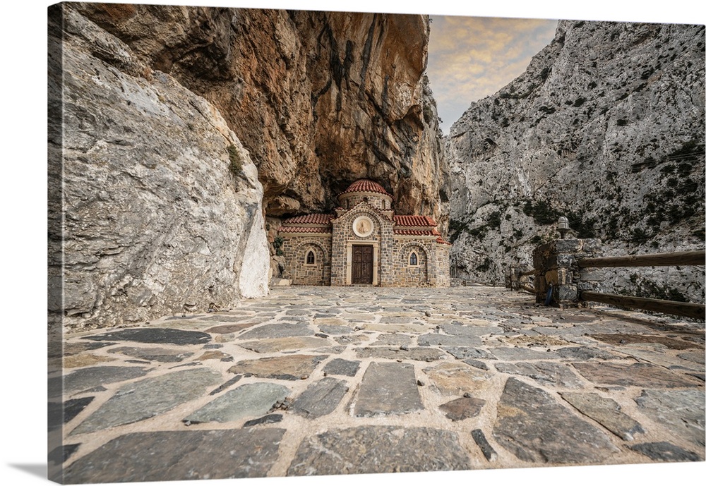 Orthodox chapel Agios Nikolaos nestled in rocks in Kotsifou canyon, Crete island, Greek Islands, Greece, Europe