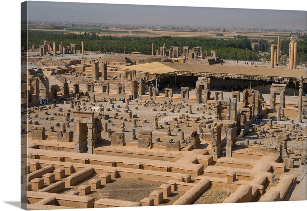 Overview of Persepolis from Tomb of Artaxerxes III, Palace of 100 Columns in foreground, UNESCO World Heritage Site, Iran,...