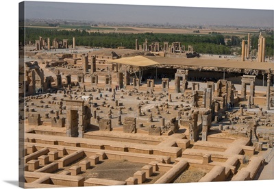 Overview of Persepolis from Tomb of Artaxerxes III, Palace of 100 Columns in foreground