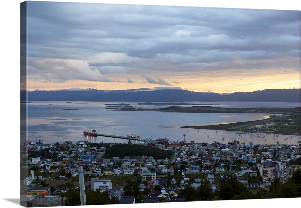 Overview of Ushuaia during sunset, Tierra del Fuego, Argentina, South America