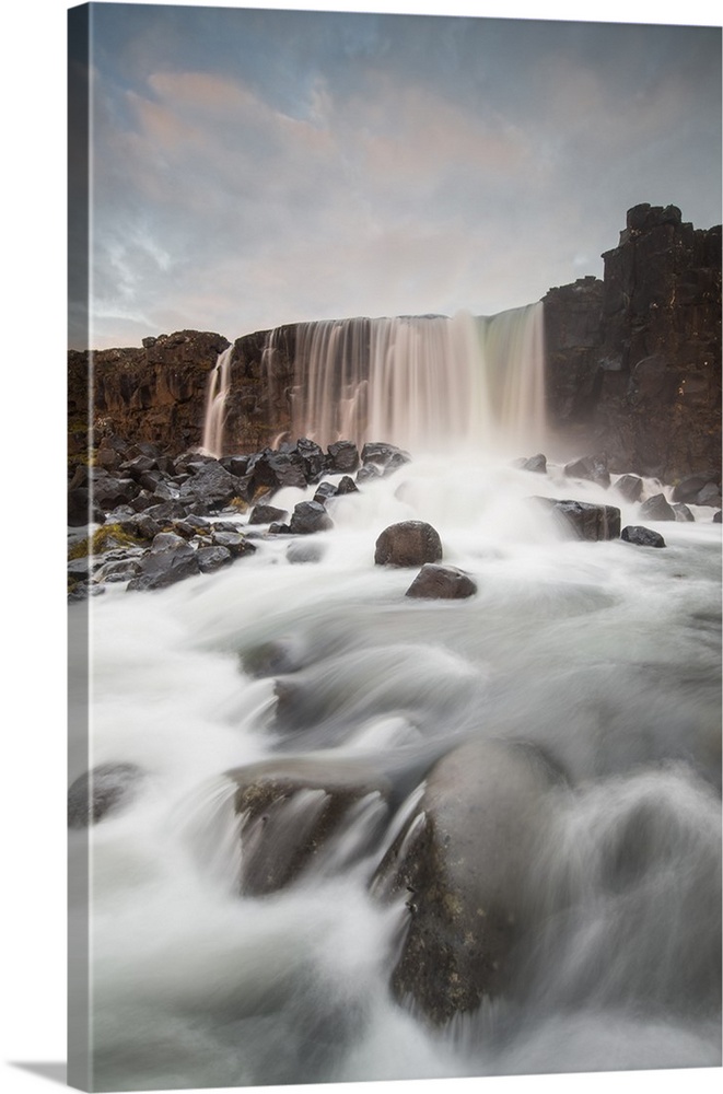 Oxarafoss waterfall at sunrise in Thingvellir National Park, UNESCO World Heritage Site, Iceland, Polar Regions