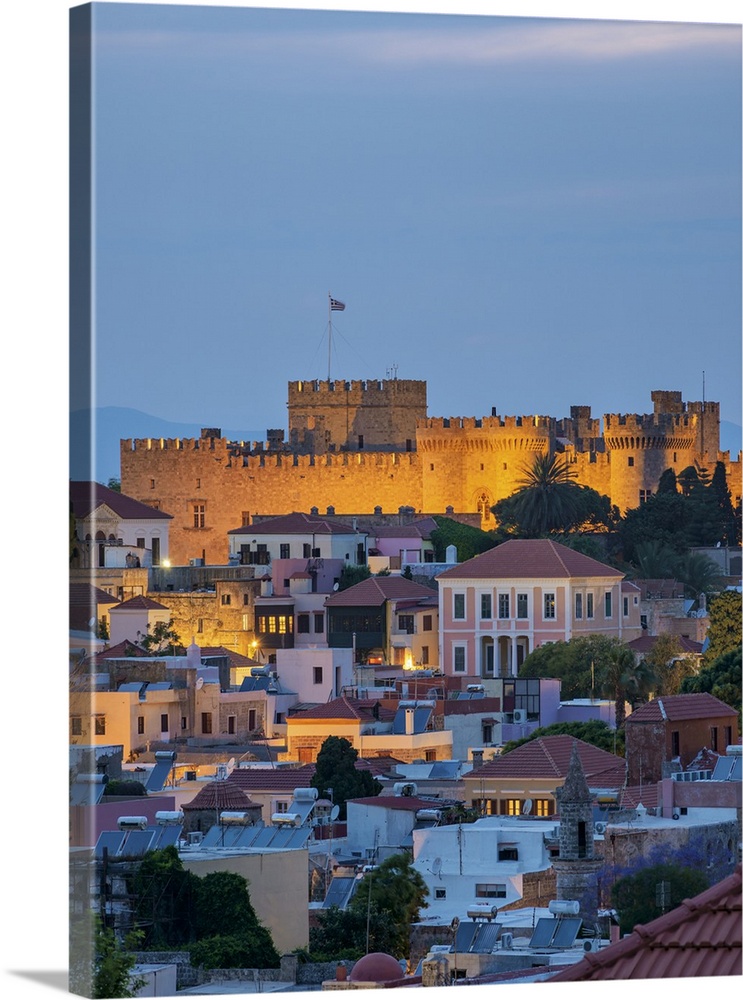 Palace of the Grand Master of the Knights of Rhodes at dusk, UNESCO World Heritage Site, Medieval Old Town, Rhodes City, R...