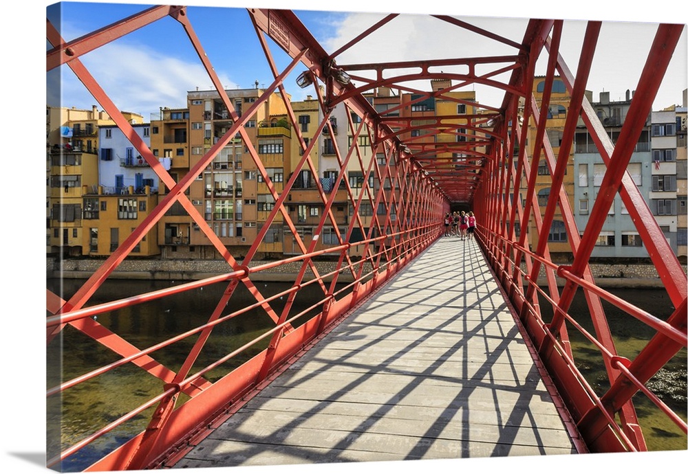 Palanques Vermelles bridge, red bridge across Onyar River, by Gustav Eiffel, City of Girona, Girona Province, Catalonia, S...