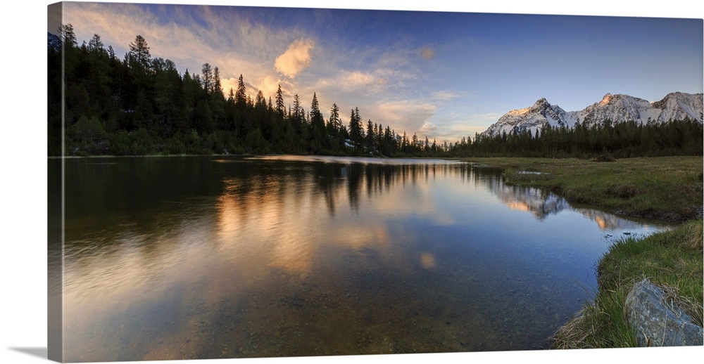 Panorama of Lake Entova at dawn, Malenco Valley, Province of Sondrio, Valtellina, Lombardy, Italy