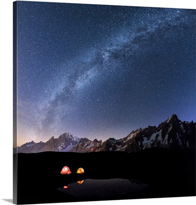 Panorama of Mont Blanc, Mont De La Saxe and Grand Jorasses under the starry sky, Italy