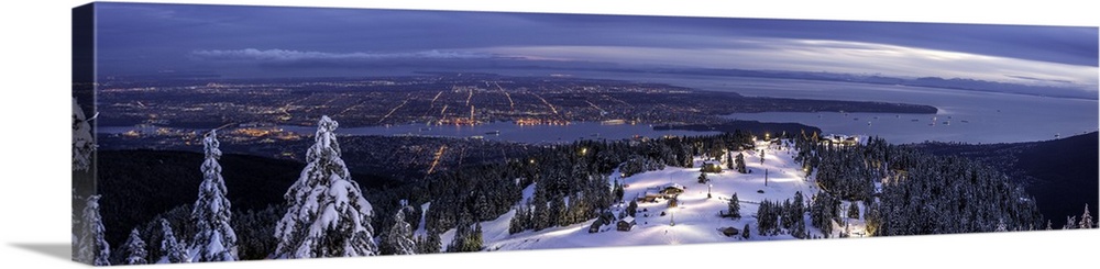 Panorama of Vancouver from mountain peak above ski resort, Vancouver, British Columbia, Canada