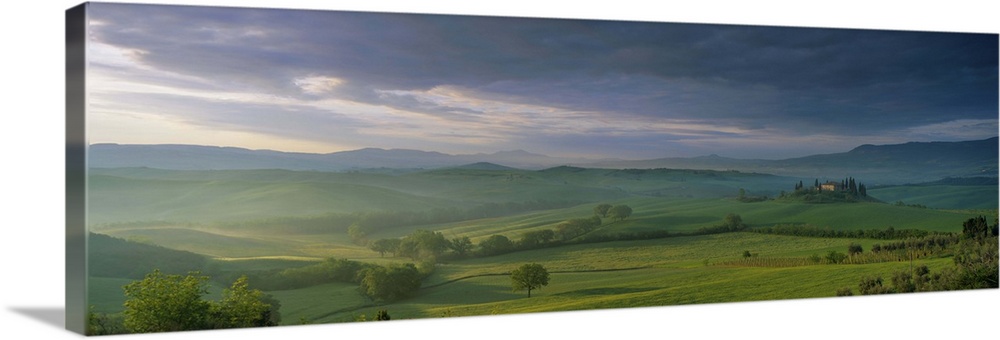 Panoramic view of Belvedere and the Val d'Orcia at dawn, in spring, Tuscany, Italy