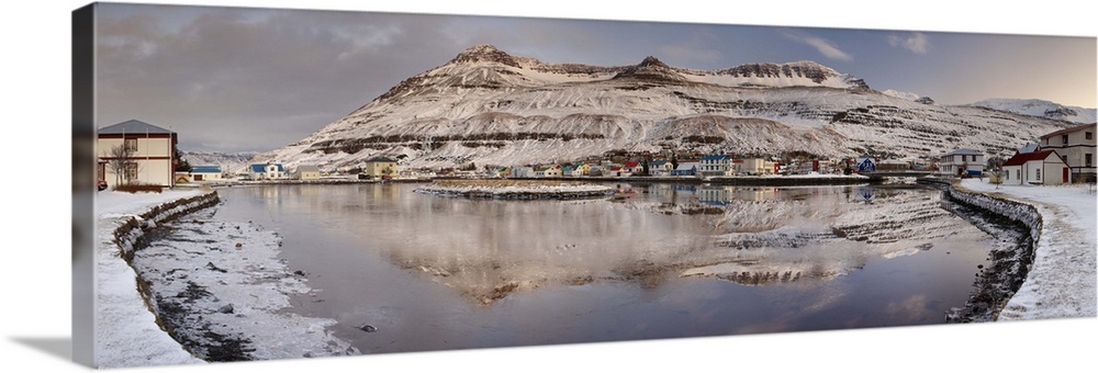 Panoramic view of Seydisfjordur and surrounding mountains, East Fjords, Iceland