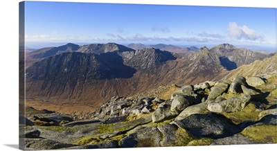 Panoramic view of the Northern Mountains from the top of Goatfell, Ayrshire, Scotland