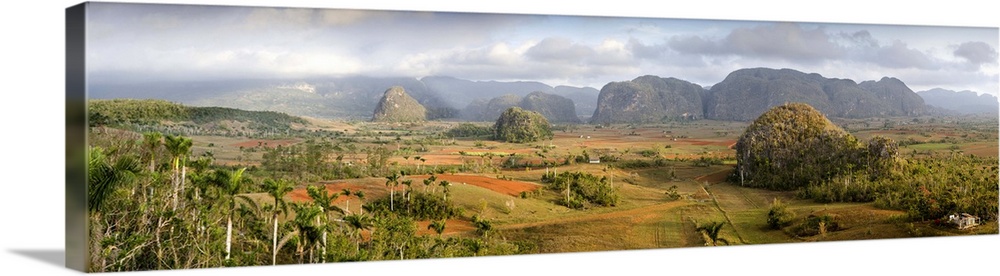 Panoramic view of the Vinales Valley showing limestone hills, Vinales, Cuba