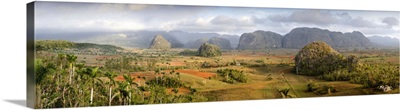 Panoramic view of the Vinales Valley showing limestone hills, Vinales, Cuba