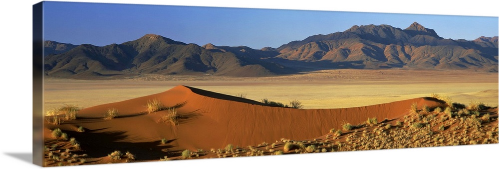 Panoramic view over orange sand dunes towards mountains, Namibia, Africa