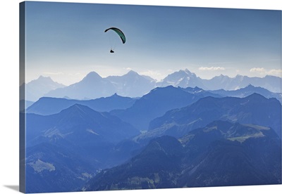 Paraglider Flying Over Kander Valley, Canton Of Bern, Switzerland