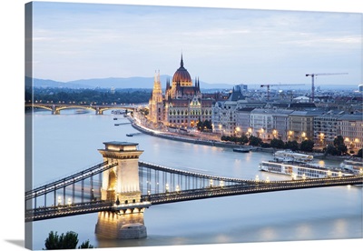 Parliament And Chain Bridge Over The River Danube, Budapest, Hungary